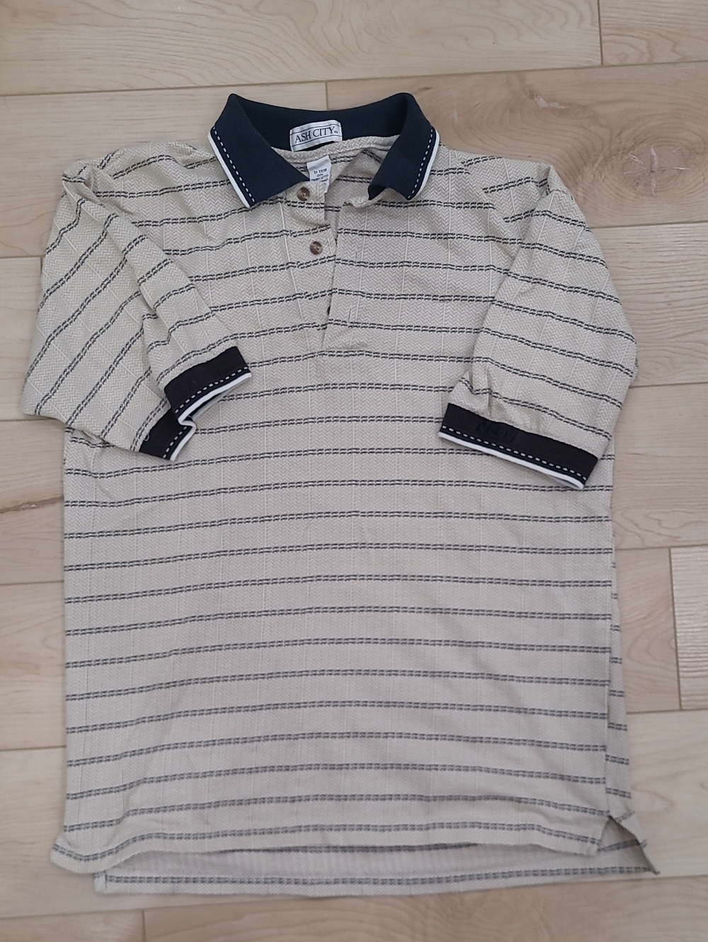 90's Ash City Men's Beige Striped Polo with Navy Trim Made In Canada